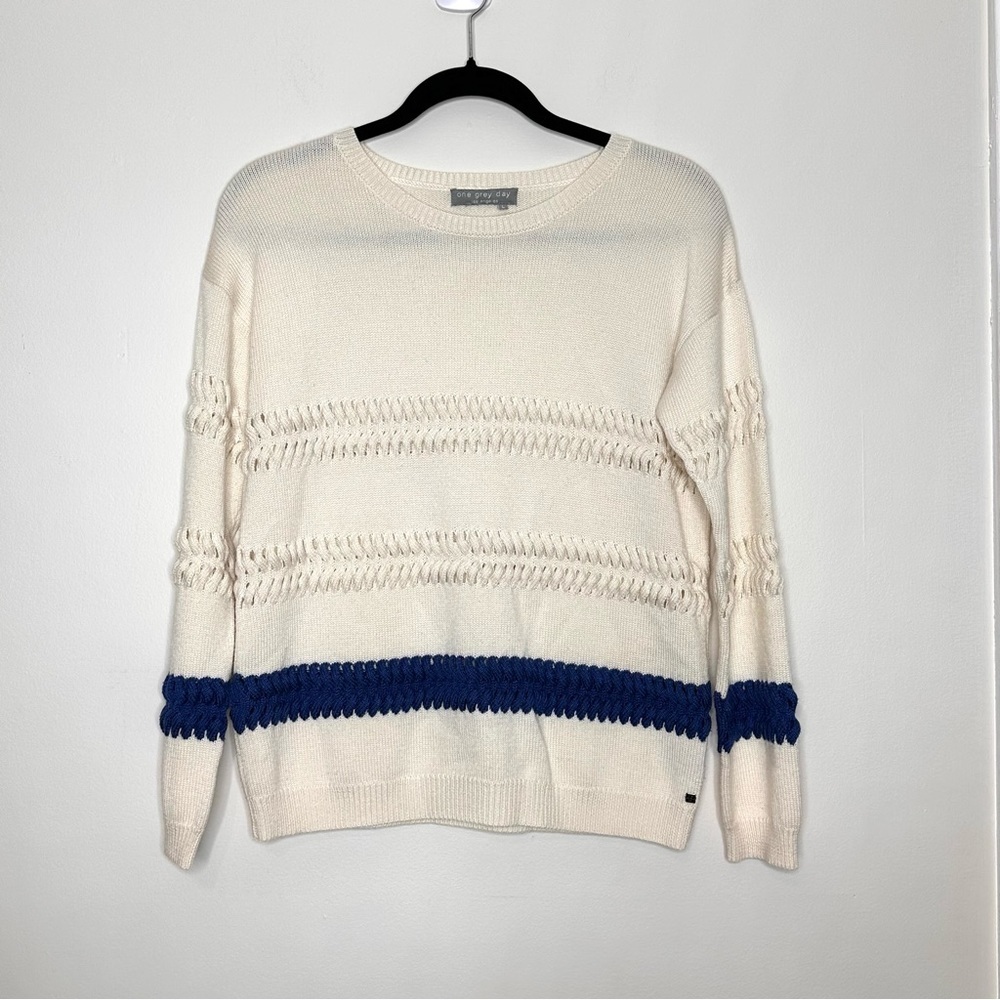 Merino Wool Sweater One Grey Day Womens Braided Off White Blue LS Large